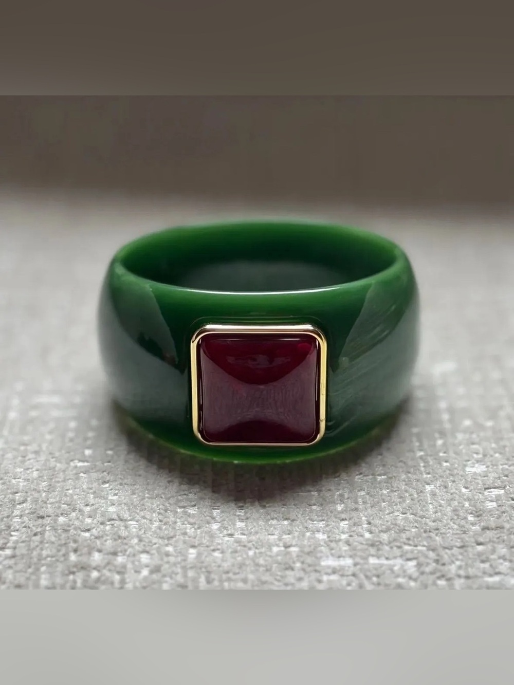 Green Resin Bangle Bracelet w/ Burgundy Stone and Gold Accent